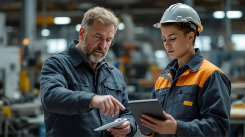 Ausbilder in einem Lünener Industriebetrieb beim Anleiten einer Auszubildenden an einer Werkbank
