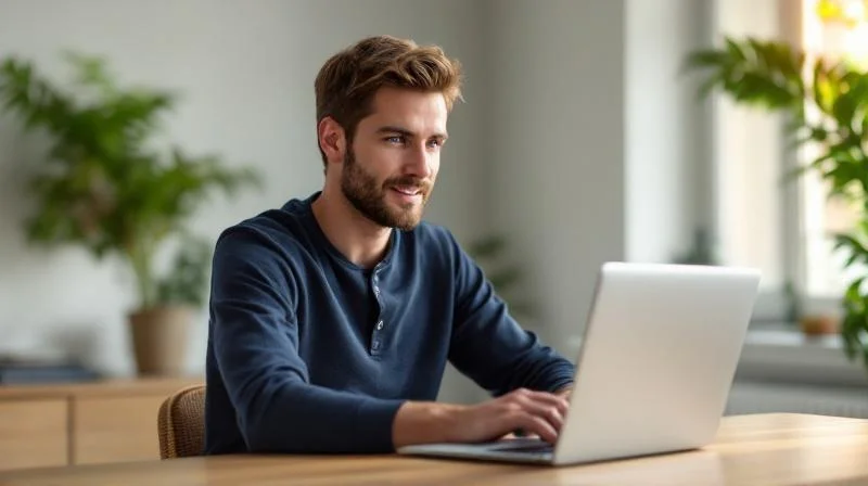 Mann sitzt am Schreibtisch mit Laptop in einem hellen Raum in Luenen und informiert sich ueber Weiterbildung