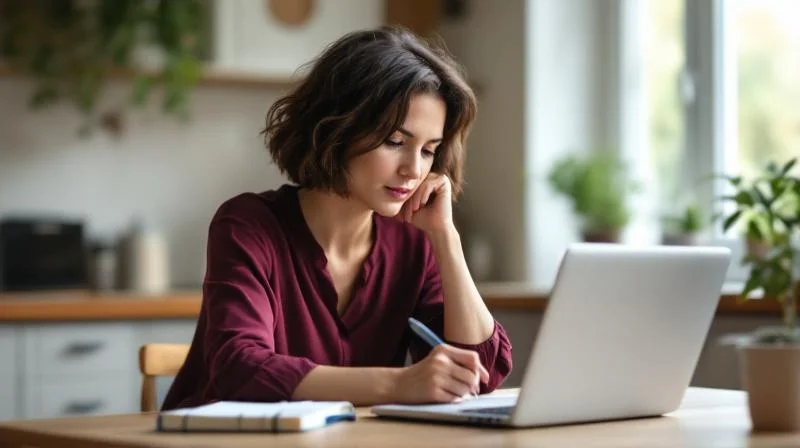 Frau mit Notizen und Laptop in einem Weiterbildungskurs, modernes Online-Setting in Luenen