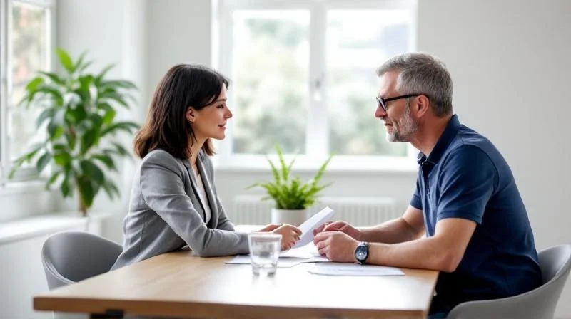 Zwei Personen unterhalten sich in einem hellen Buero ueber Unterlagen