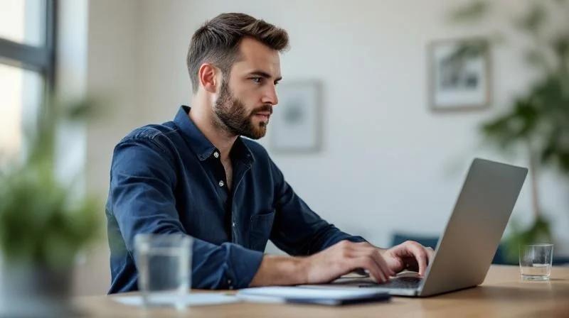 Mann sitzt am Schreibtisch und lernt konzentriert am Laptop in einem hellen Buero in Luenen