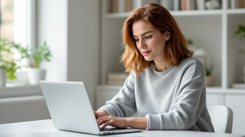 Frau arbeitet konzentriert am Laptop in einem modernen Homeoffice in Luenen