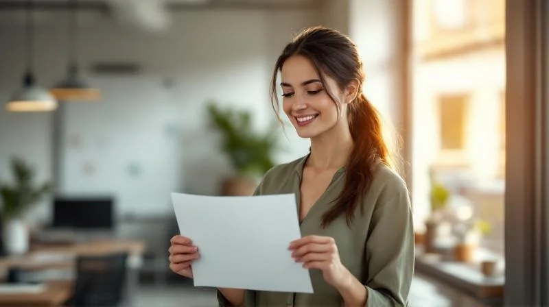 Frau haelt stolz ein IHK-Zeugnis in einem hellen Buero in Nordrhein-Westfalen