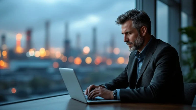 Geschäftsführer im Lüner Büro mit Blick auf Recycling- und Energieanlagen im nördlichen Ruhrgebiet