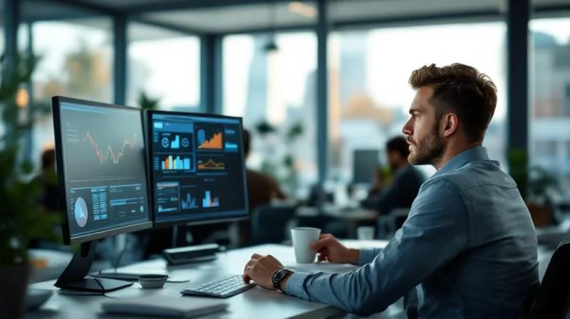 Quereinsteiger in einem Lünener Unternehmen am Arbeitsplatz, arbeitet konzentriert an Dashboards und KI-Tools