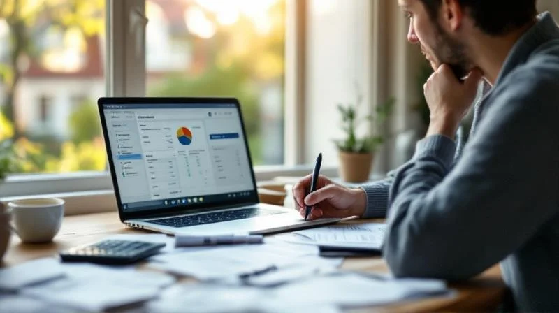Lünener Beschäftigter am Schreibtisch zu Hause mit Steuerunterlagen, Laptop und Taschenrechner