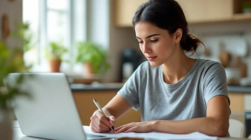 Frau lernt konzentriert am Laptop in einem ruhigen Raum in Luenen