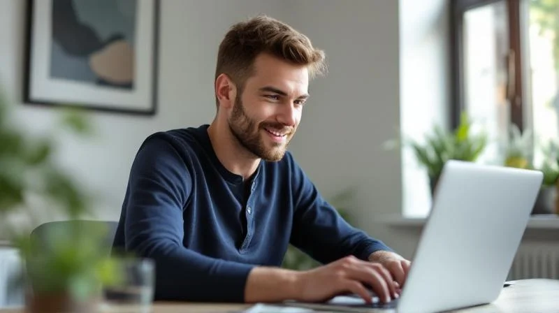 Mann arbeitet konzentriert am Laptop in einem modernen Homeoffice